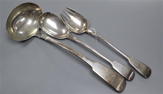 A pair of William IV silver fiddle pattern salad servers, London 1836, Mary Chawner and a similar Irish George IV soup ladle